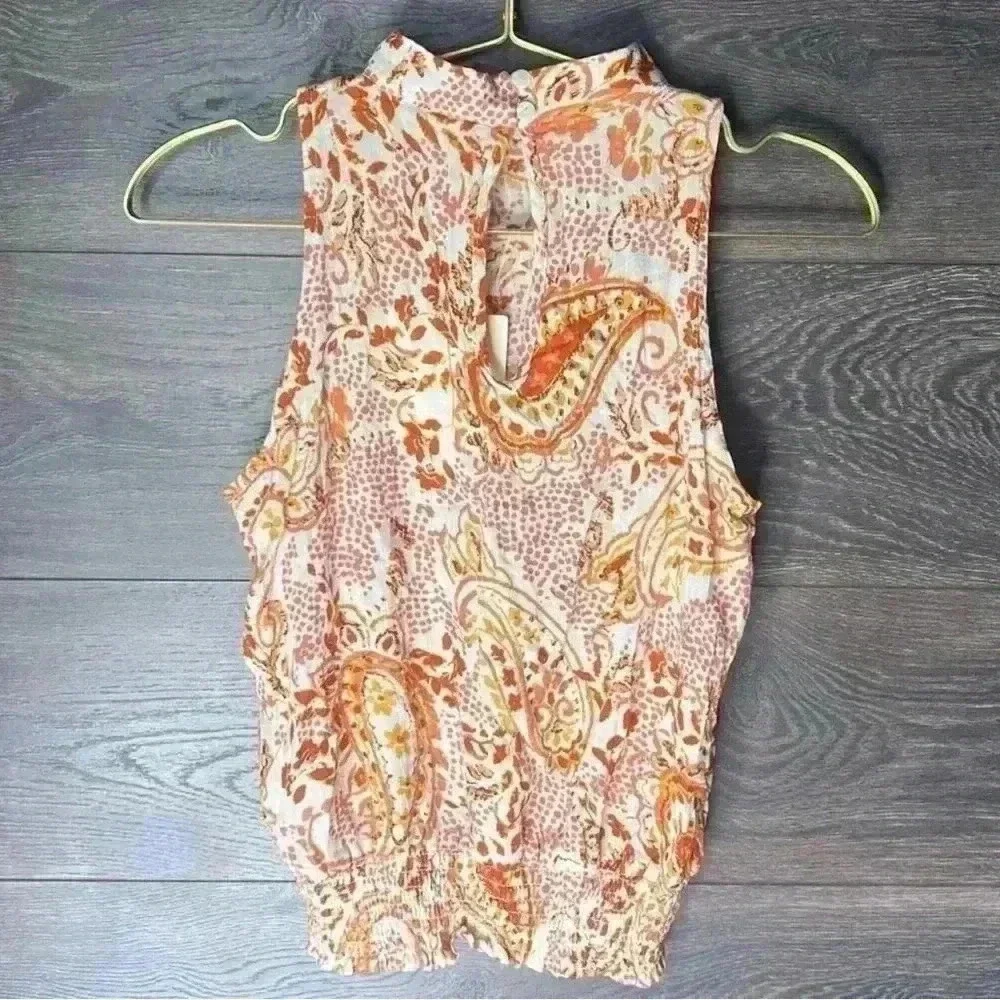 Cynthia Rowley Paisley Boho Mock Neck Smocked Waist Top in Cream/Orange, XS. NWT - Picture 2 of 9